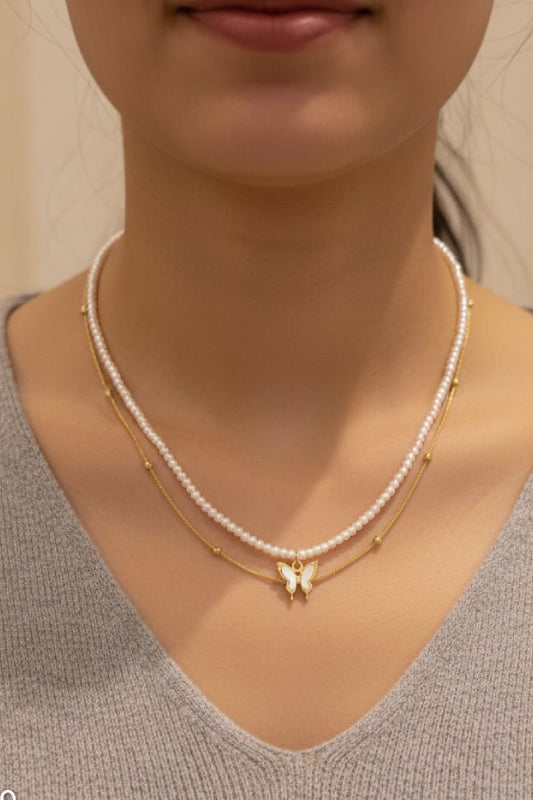 Elegant Butterfly Double Layer Pearl Necklace for Women