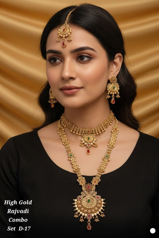 High Gold Rajwadi Combo Necklace Set with Choker, Earrings & Maang Tikka for Women – Bridal Imitation Jewelry