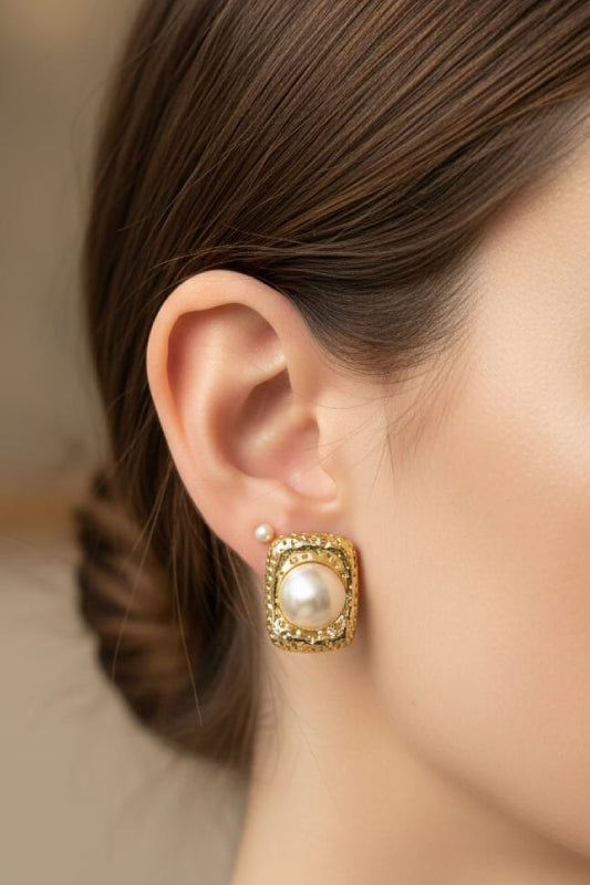 Vintage Pearl Gold Frame Stud Earrings – Elegant Designer Earrings for Women