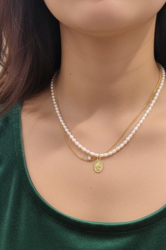 Elegant Pearl Double Layer Coin Pendant Necklace for Women