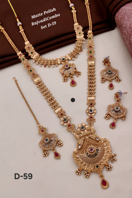 Matte Polish Rajwadi Combo Necklace Set with Long Necklace, Choker & Earrings for Women – Traditional Imitation Jewelry