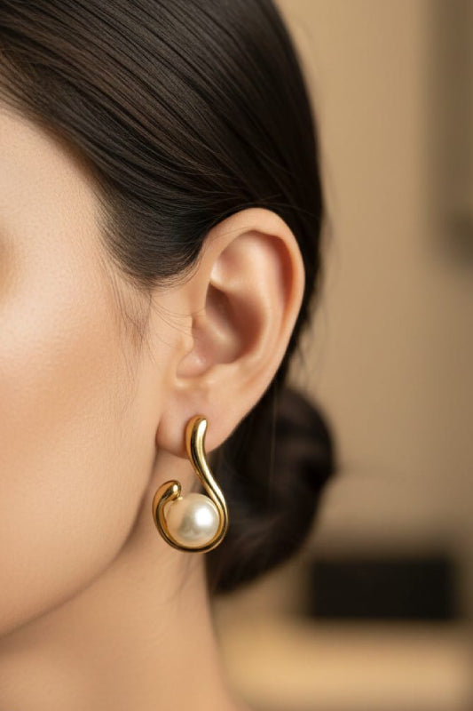 Elegant Pearl Curve Gold Earrings – Designer Pearl Stud Earrings for Women