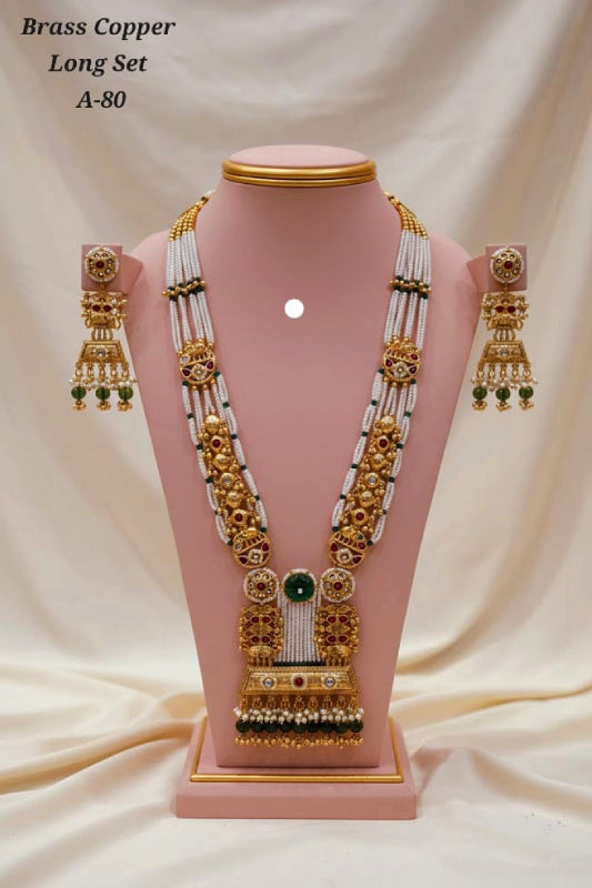Brass Copper Long Pearl Necklace Set (A-80)
