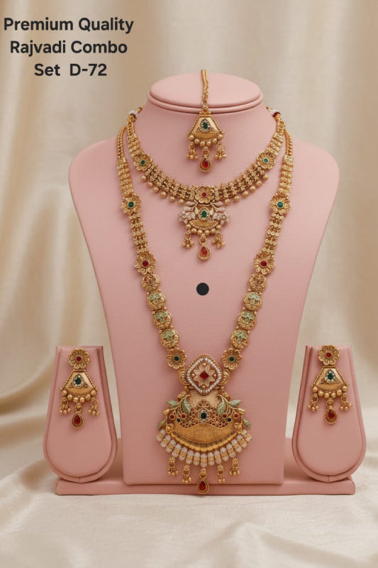 Premium Rajwadi Combo Necklace Set with Long Necklace, Choker, Earrings & Maang Tikka for Women – High Gold Imitation Jewelry