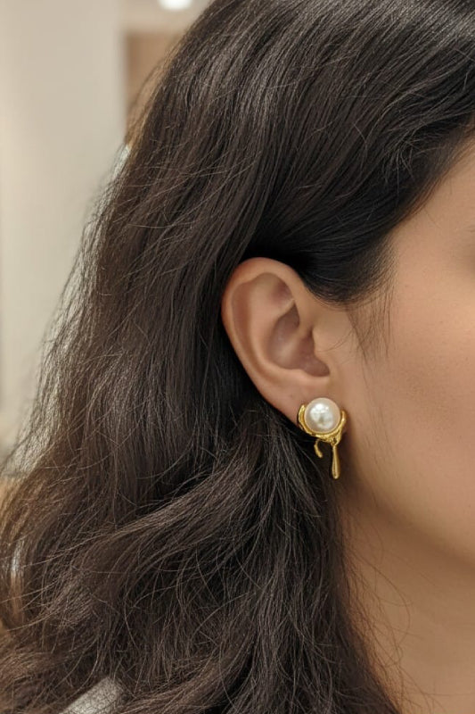 Pearl Drop Gold Stud Earrings – Elegant Designer Earrings for Women