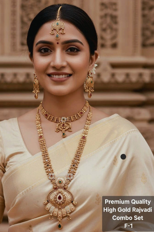 Traditional Rajwadi Bridal Jewelry Set – Gold Plated Long Necklace Combo with Choker, Earrings & Maang Tikka for Women
