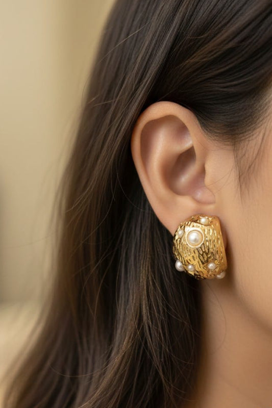 Vintage Pearl Textured Gold Stud Earrings – Designer Statement Earrings for Women