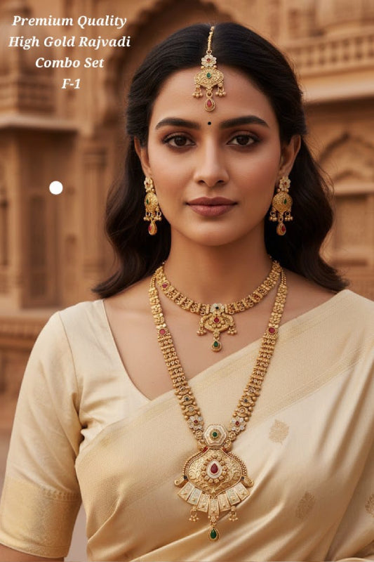 Rajwadi Gold Plated Bridal Jewelry Set for Women – Traditional Long Necklace, Choker, Earrings & Maang Tikka Combo