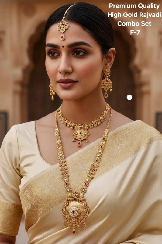 Rajwadi Gold Plated Jewelry Set for Women – Bridal Necklace Combo with Long Haar, Earrings & Maang Tikka