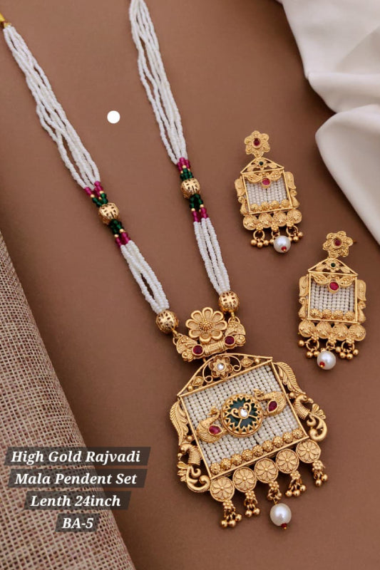 Traditional Rajwadi Gold Mala Pendant Set with Earrings
