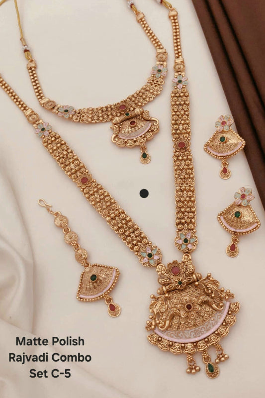 Matte Polish Rajwadi Jewelry Set for Women – Gold Plated Bridal Combo with Long Haar, Necklace, Earrings & Maang Tikka