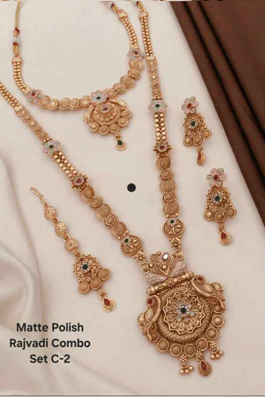 Matte Gold Rajwadi Jewelry Set for Women – Traditional Long Necklace Combo with Earrings