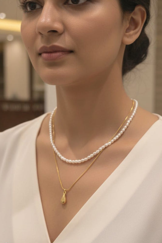 Minimalist Layered Pearl & Gold-Tone Teardrop Pendant Necklace