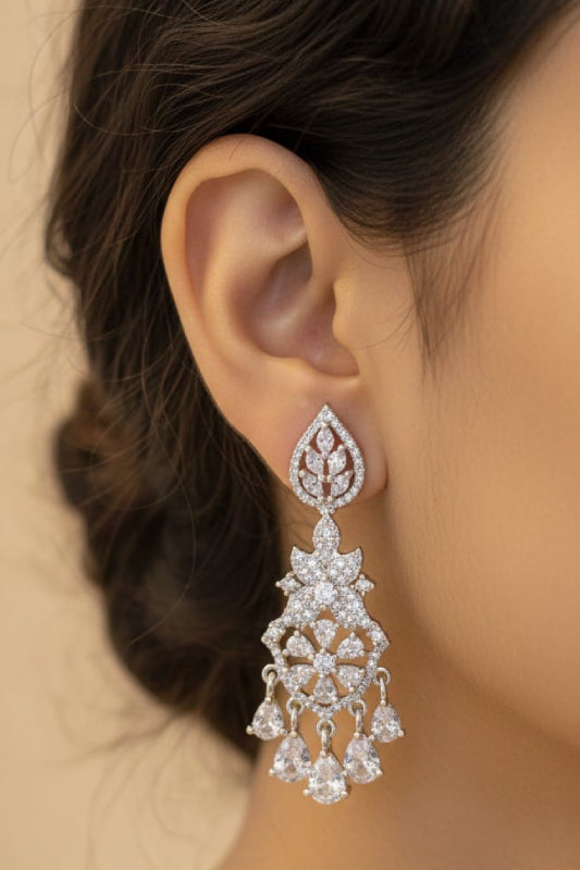 Bridal Silver-Finish Floral Chandelier Earrings with Teardrop Accents