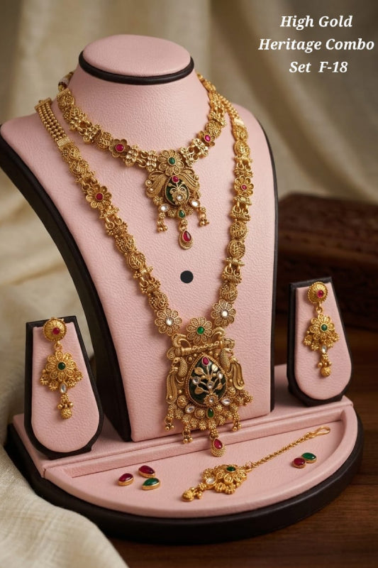High Gold Finish Heritage Jewelry Set for Women | Bridal Imitation Necklace Combo with Earrings, Maang Tikka & Ring