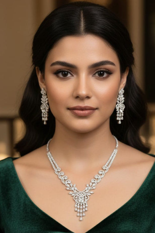 Delicate Rose Gold Leafy Vine Necklace Set with Brilliant Cut White Stones