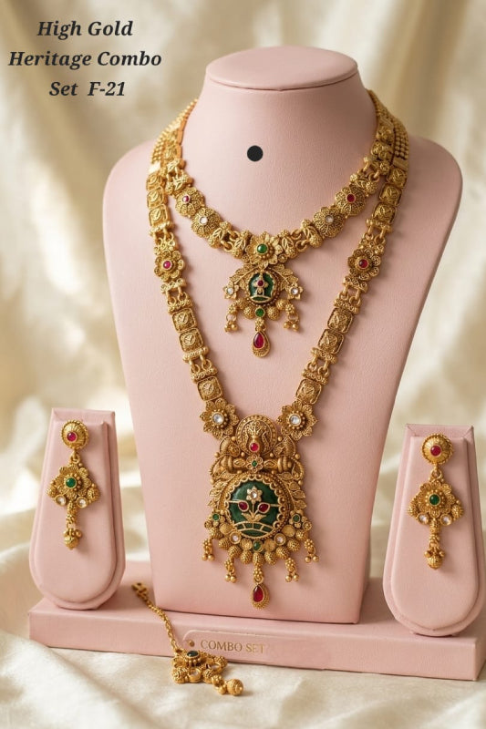 High Gold Plated Heritage Combo Necklace Set with Earrings for Women | Traditional Indian Bridal Jewelry Set
