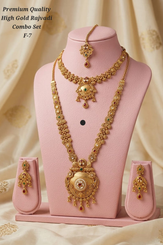Premium High Gold Plated Rajwadi Combo Necklace Set with Earrings for Women | Traditional Bridal Jewelry Set