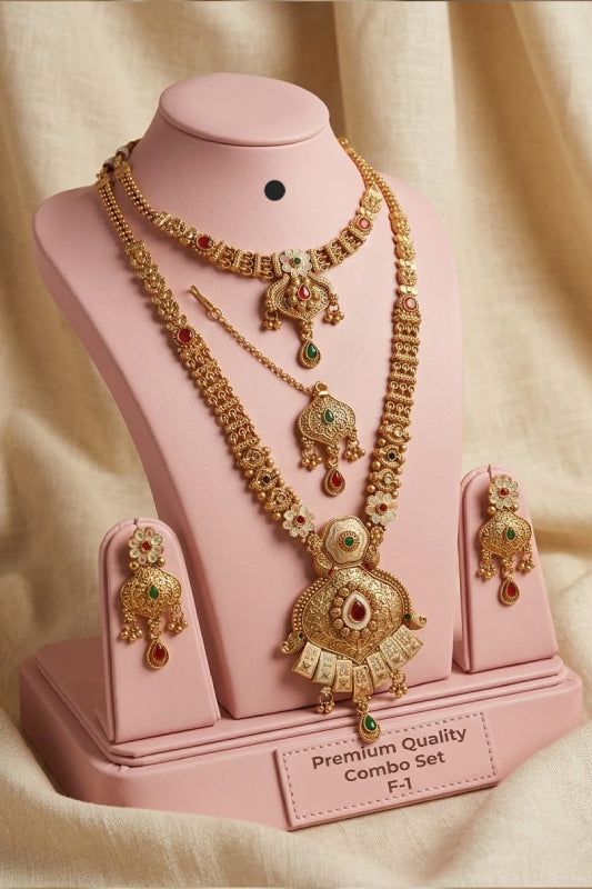 Premium High Gold Plated Traditional Combo Necklace Set with Earrings for Women | Indian Bridal Jewelry Set