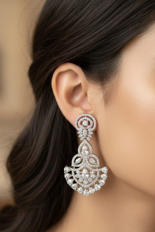 Royal Silver-Finish Chandelier Earrings with Ornate Marquise & Pear Accents