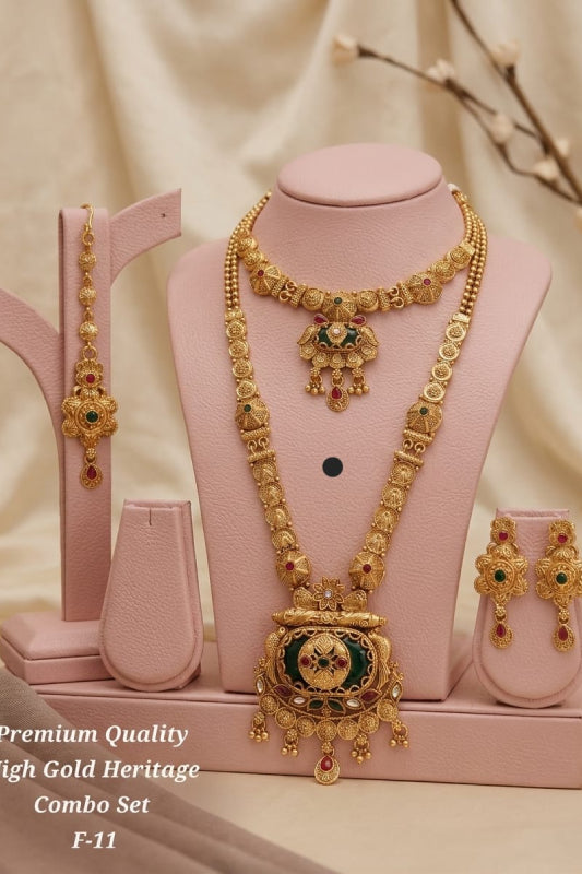Traditional Antique Gold Plated Jewelry Set for Women | Bridal Long Necklace Set with Earrings & Pendant