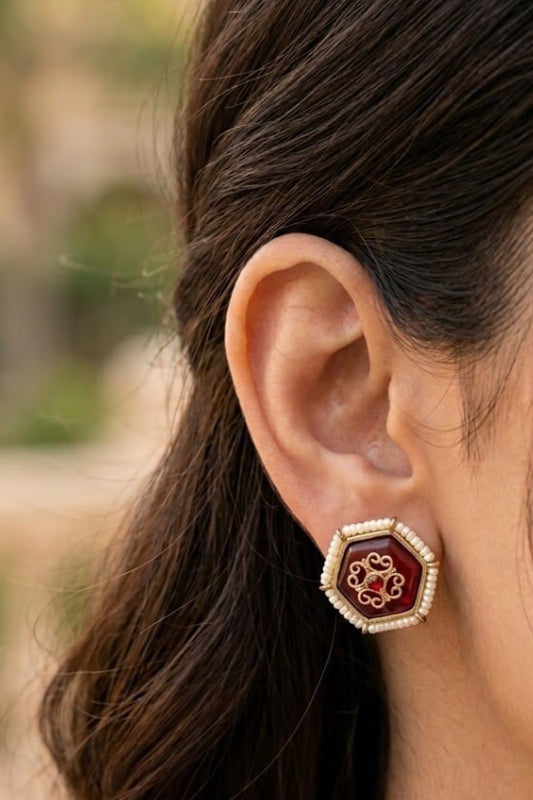 Designer Hexagon Stud Earrings – Red Stone Traditional Earrings for Women
