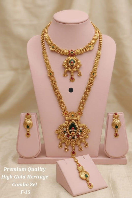 Premium Heritage Gold-Look Necklace Set with Earrings & Bracelet | Traditional Bridal Jewelry Combo
