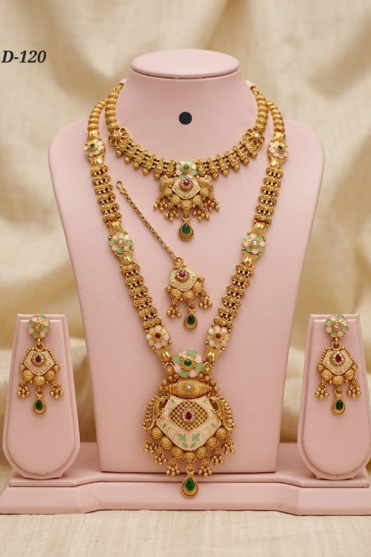 Traditional Gold-Plated Bridal Necklace Set for Women | Heritage Wedding Jewelry Combo