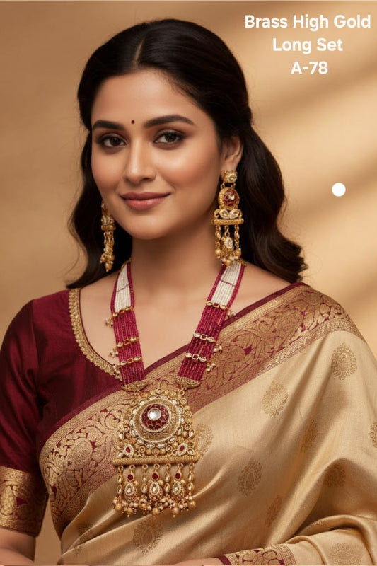 Brass High Gold Rajwadi Long Necklace Set with Earrings