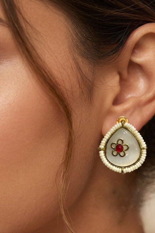 White Teardrop Designer Stud Earrings – Traditional Pearl Border Earrings for Women