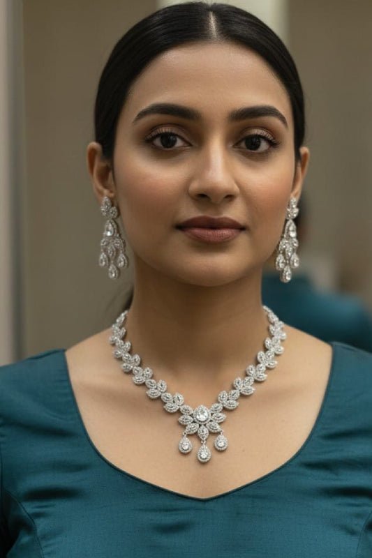 Luxe Silver-Finish Marquise & Teardrop Crystal Choker Set with Matching Statement Drop Earrings