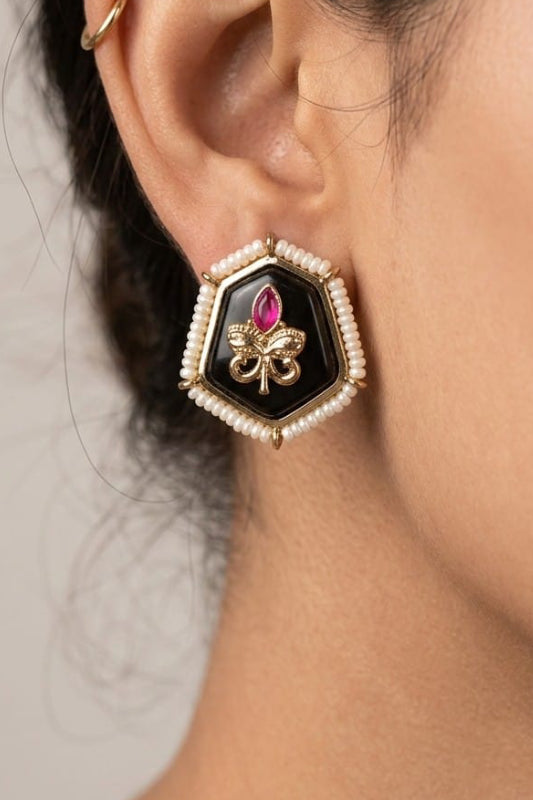 Black Hexagon Designer Stud Earrings – Traditional Pearl Border Earrings for Women